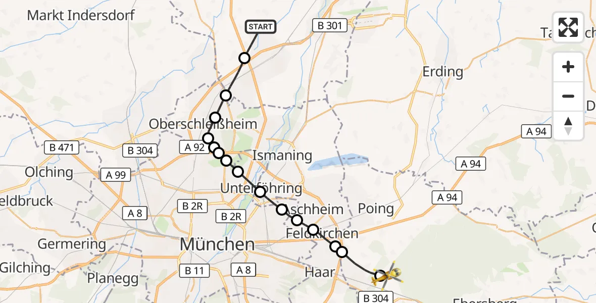 Flugroute Rettungshubschrauber Neufahrn b.Freising - Zorneding, 23 Juli 2026, 09:54