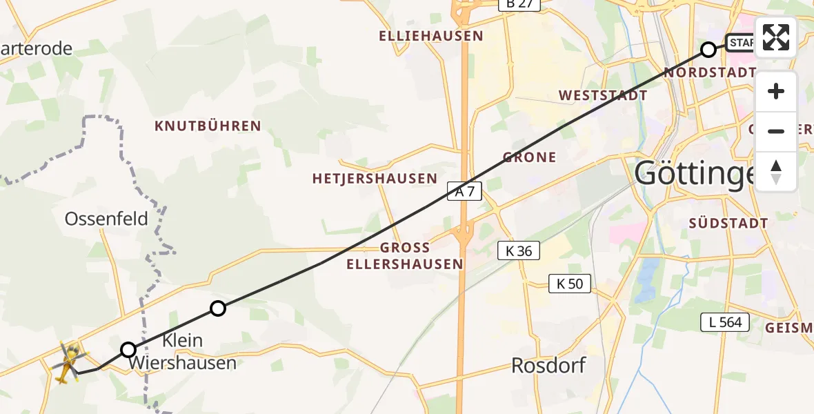 Flugroute Rettungshubschrauber Göttingen University Clinic Hubschrauberlandeplatz - Dransfeld, 23 Juli 2026, 09:56