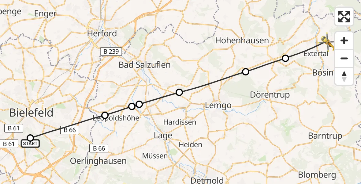 Flugroute Rettungshubschrauber Luftrettungszentrum Bielefeld - Extertal, 23 Juli 2026, 10:02