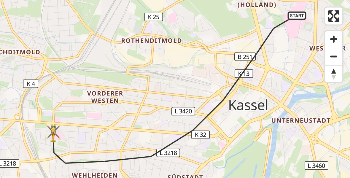 Flugroute Rettungshubschrauber Kassel - Kassel, 23 Juli 2026, 10:09