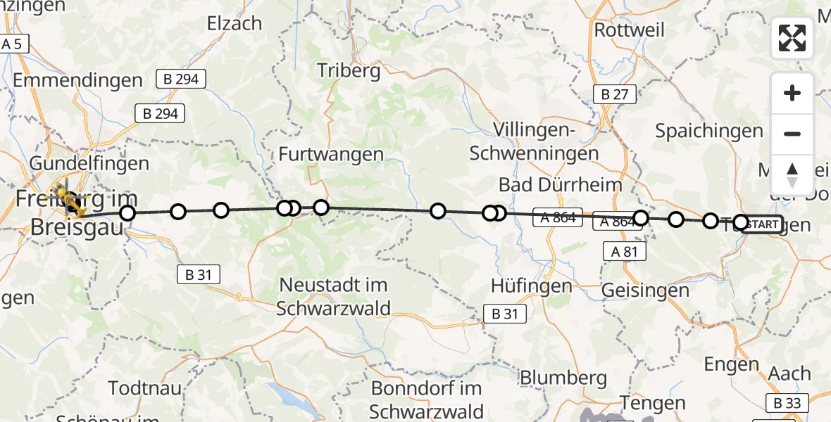 Flugroute Ambulanzhubschrauber Tuttlingen - Freiburg University Hospital Heliport 1, 23 Juli 2026, 10:12