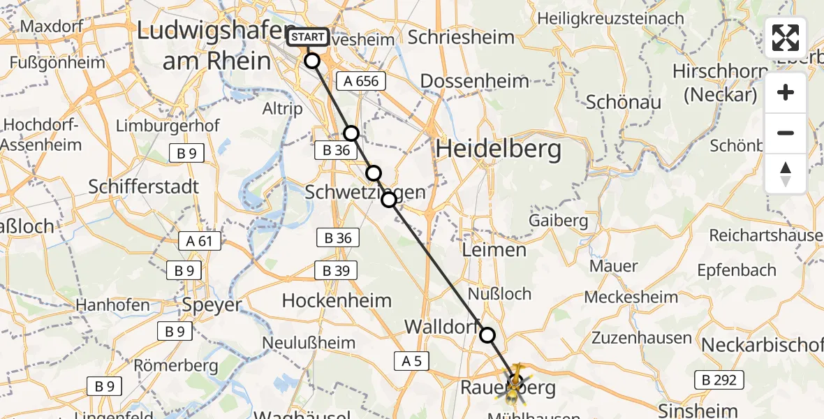 Flugroute Rettungshubschrauber Mannheim-City Flughafen - Rauenberg, 23 Juli 2026, 10:12