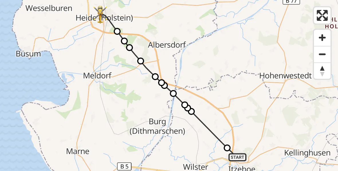 Flugroute Rettungshubschrauber Itzehoe - Heide, 23 Juli 2026, 10:15