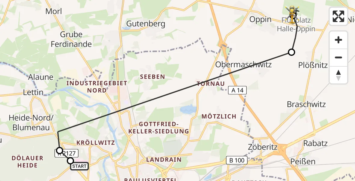 Flugroute Rettungshubschrauber Halle (Saale) University Hospital - Halle-Oppin Flugplatz, 23 Juli 2026, 10:15