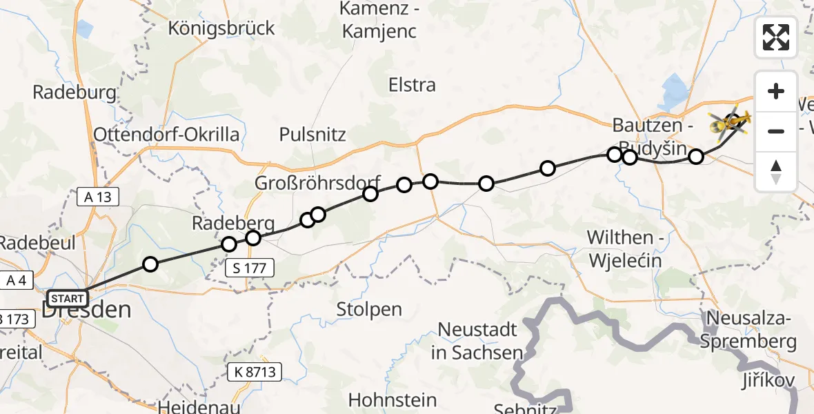 Flugroute Rettungshubschrauber Dresden Friedrichstadt Hospital - Bautzen Flugplatz, 23 Juli 2026, 10:16