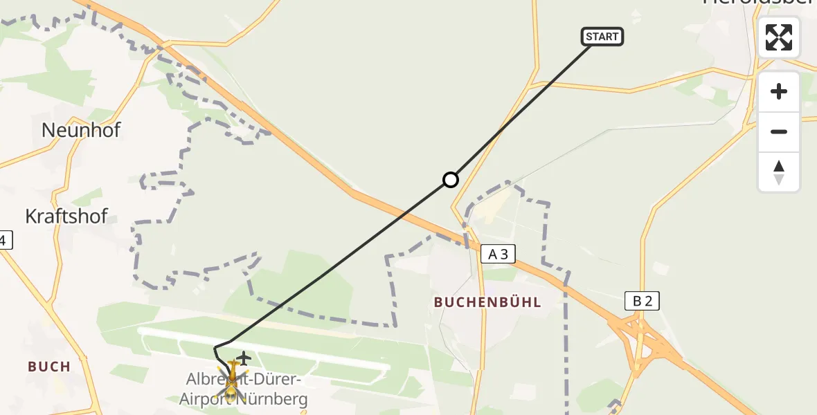 Flugroute Ambulanzhubschrauber Kraftshofer Forst - Flughafen Nuremberg, 23 Juli 2026, 10:20