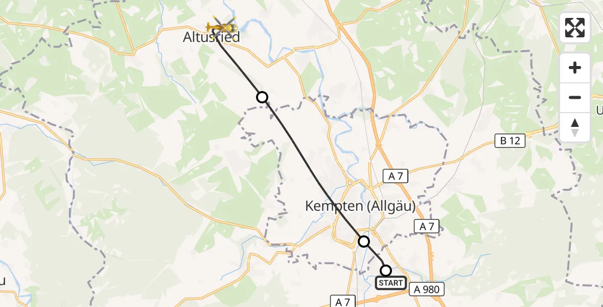 Flugroute Rettungshubschrauber Kempten-Durach Flugplatz - Altusried, 23 Juli 2026, 10:20