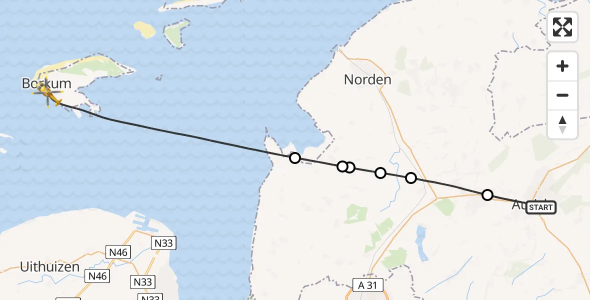 Flugroute Ambulanzhubschrauber Aurich - Noordzee, 23 Juli 2026, 10:21
