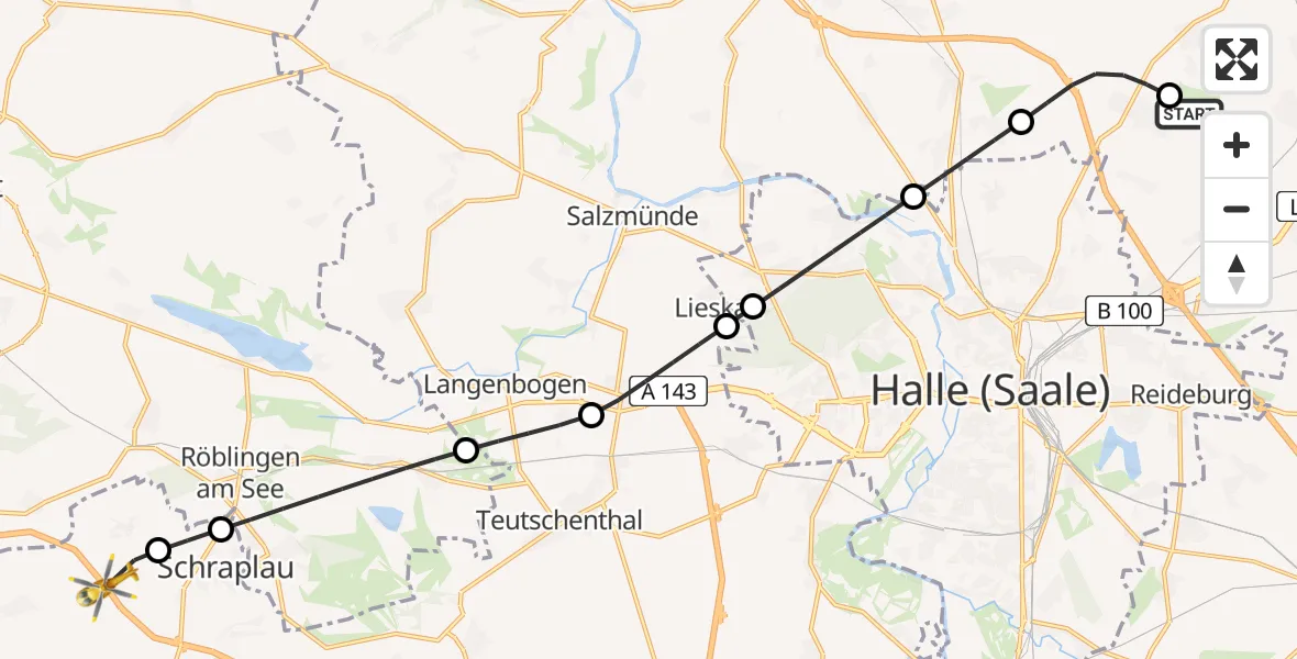 Flugroute Rettungshubschrauber Halle-Oppin Flugplatz - Farnstädt, 23 Juli 2026, 10:24