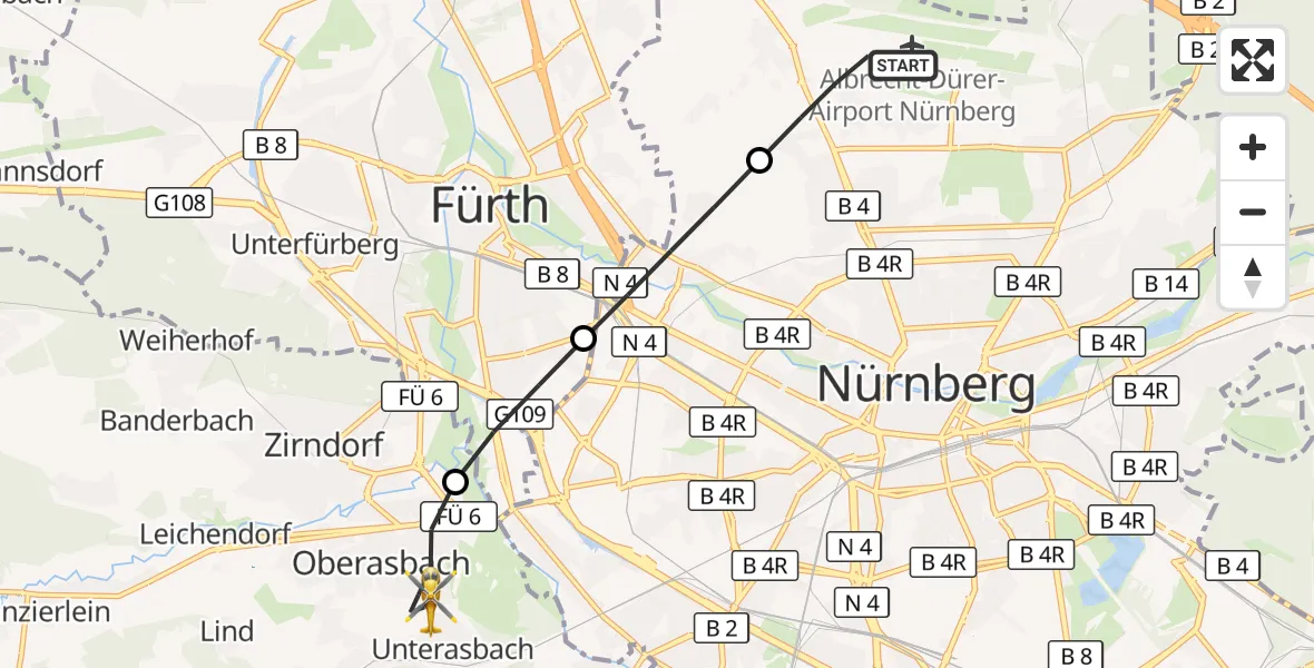 Flugroute Ambulanzhubschrauber Flughafen Nuremberg - Oberasbach, 23 Juli 2026, 10:24