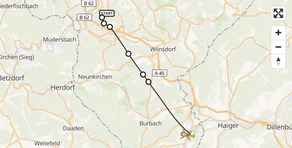 Flugroute Rettungshubschrauber Evangelisches Jung-Stilling Hospital - Burbach, 23 Juli 2026, 10:25