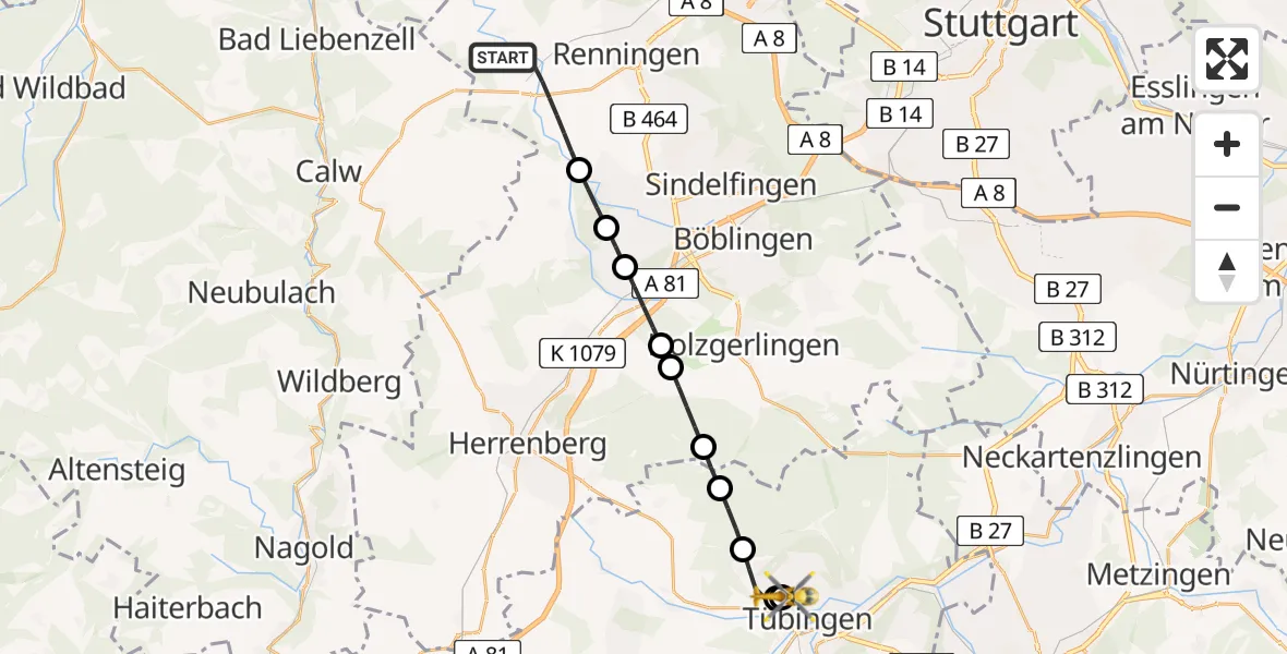 Flugroute Rettungshubschrauber Weil der Stadt - Tübingen University Hospital, 23 Juli 2026, 10:26