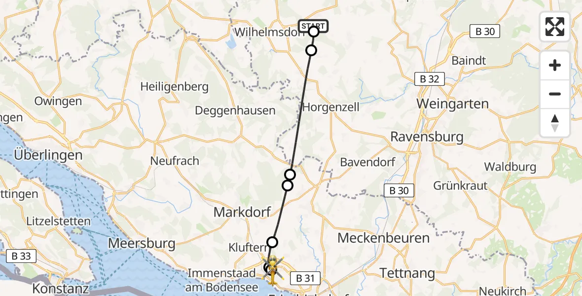 Flugroute Rettungshubschrauber Fleischwangen - Friedrichshafen Hospital, 23 Juli 2026, 10:28