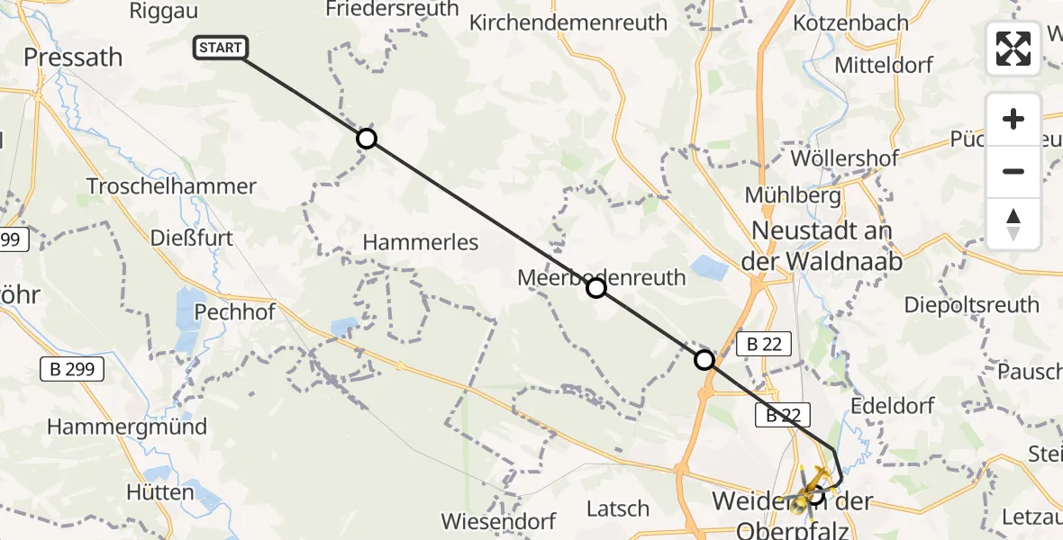 Flugroute Ambulanzhubschrauber Pressath - Weiden Hospital, 23 Juli 2026, 10:28