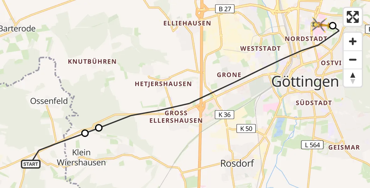 Flugroute Rettungshubschrauber Dransfeld - Göttingen University Clinic Hubschrauberlandeplatz, 23 Juli 2026, 10:32