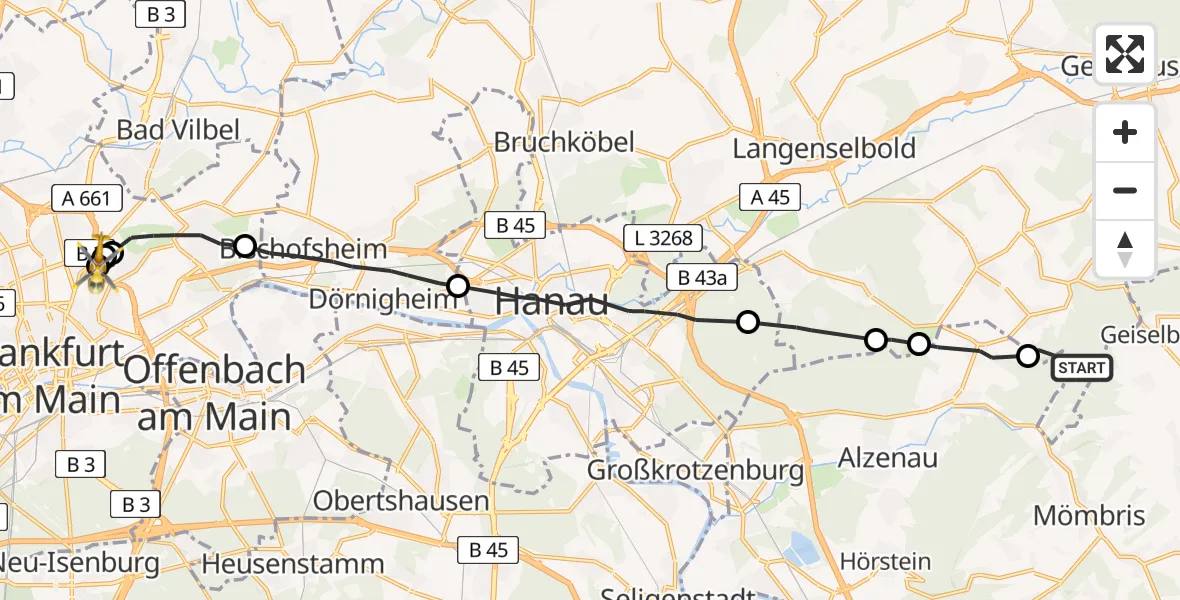 Flugroute Rettungshubschrauber Freigericht - Frankfurt am Main Accident Hospital Ground, 23 Juli 2026, 10:34