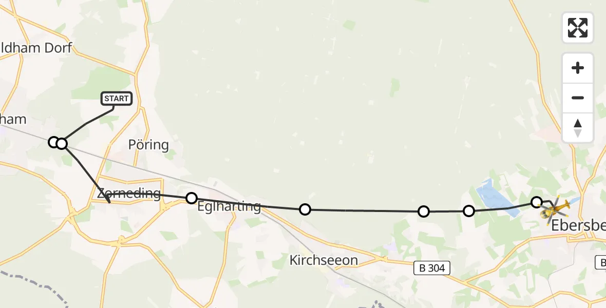 Flugroute Rettungshubschrauber Zorneding - Ebersberg Hubschrauberlandeplatz, 23 Juli 2026, 10:36