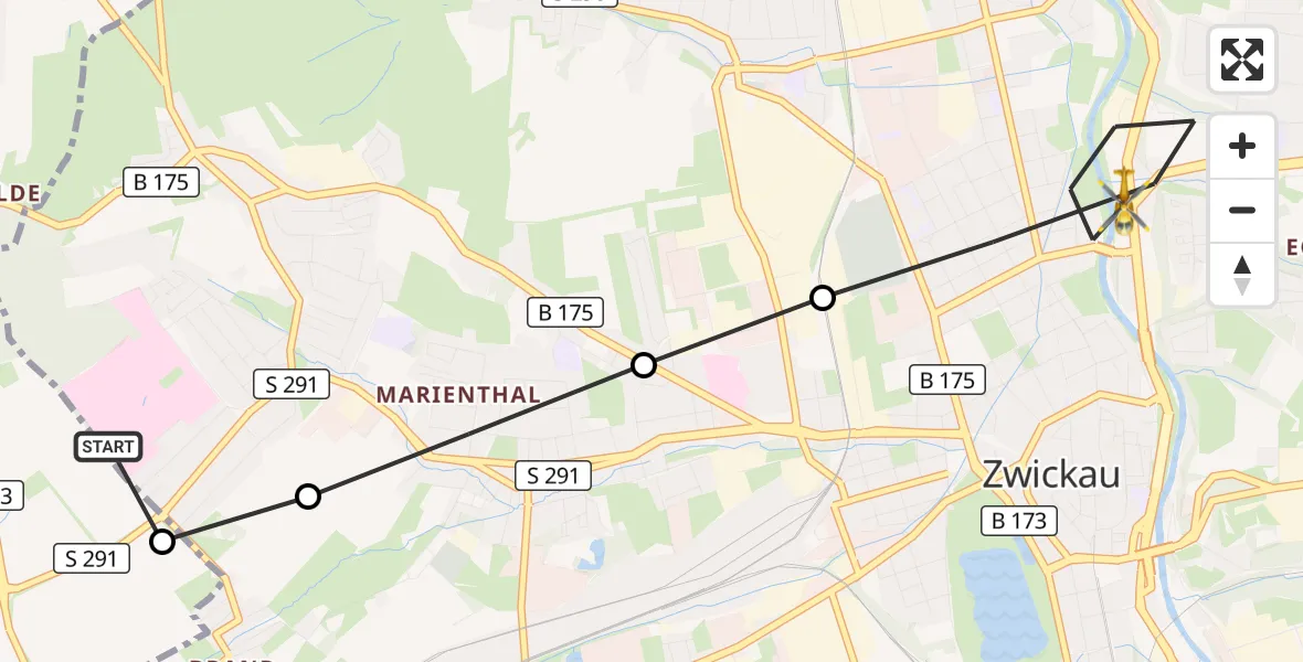 Flugroute Rettungshubschrauber ADAC Air Rescue Station Zwickau Hubschrauberlandeplatz - Zwickau, 23 Juli 2026, 10:38