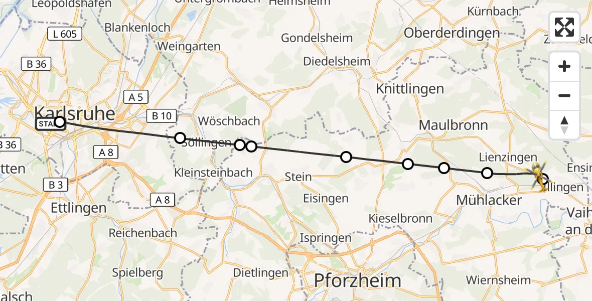 Flugroute Ambulanzhubschrauber Sankt Vincentius Hospital - Illingen, 23 Juli 2026, 10:39