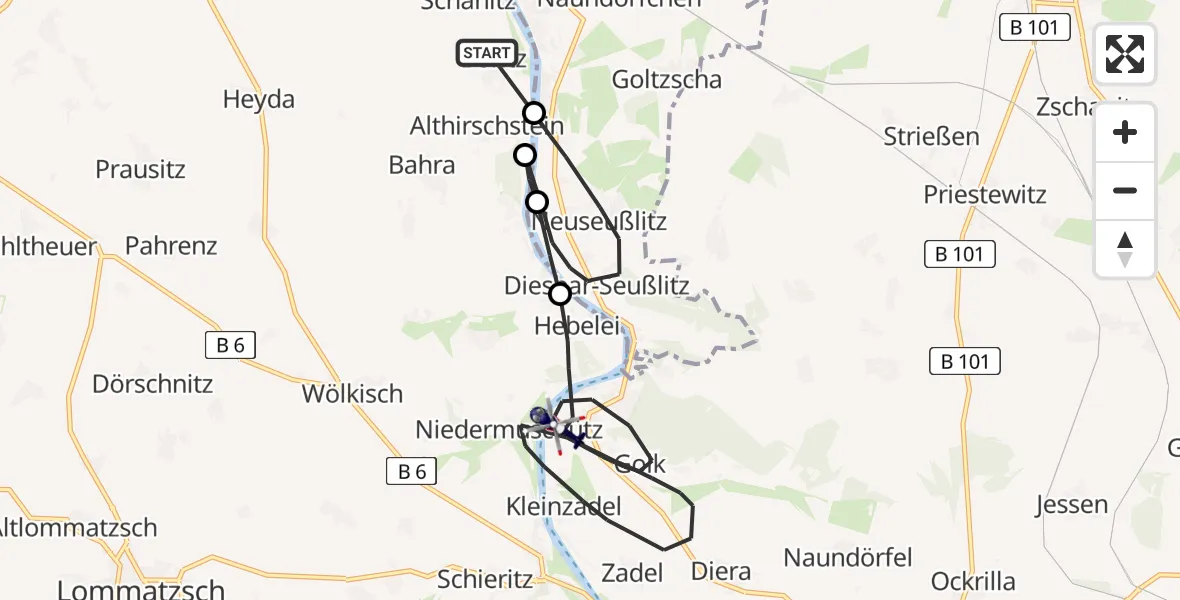 Flugroute Polizeihubschrauber Hirschstein - Diera-Zehren, 23 Juli 2026, 10:42