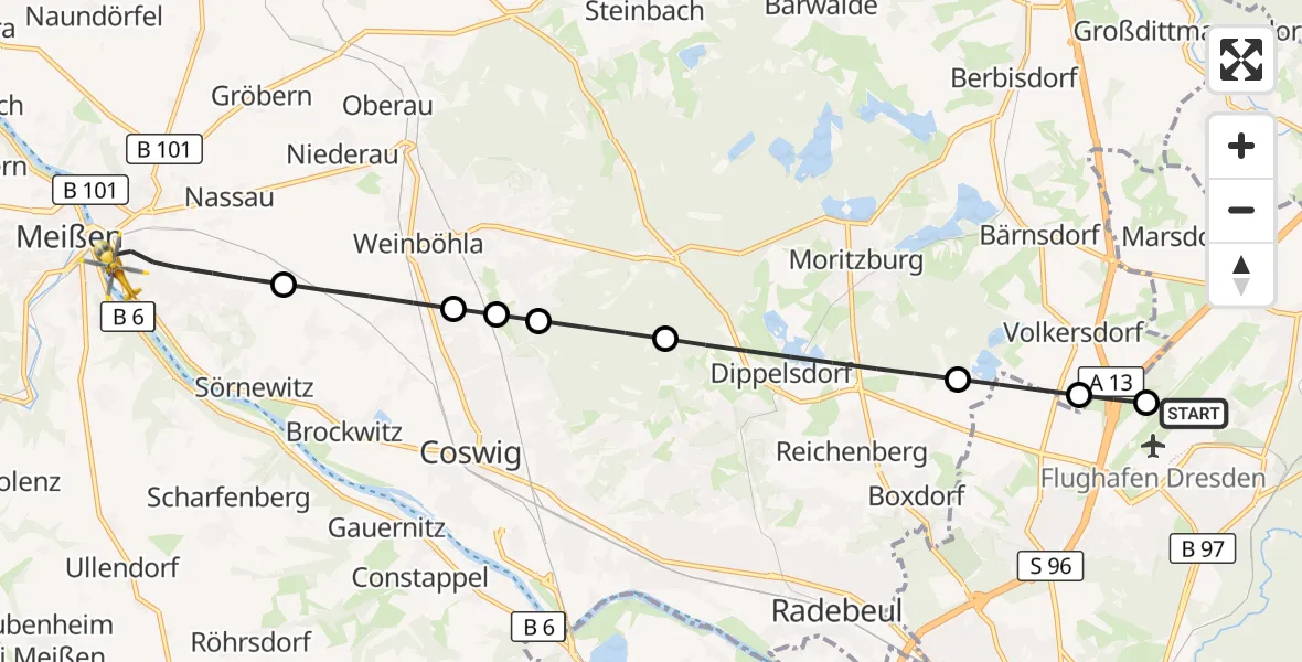 Flugroute Rettungshubschrauber Dresden Bundespolizei Hubschrauberlandeplatz - Meißen, 23 Juli 2026, 10:42