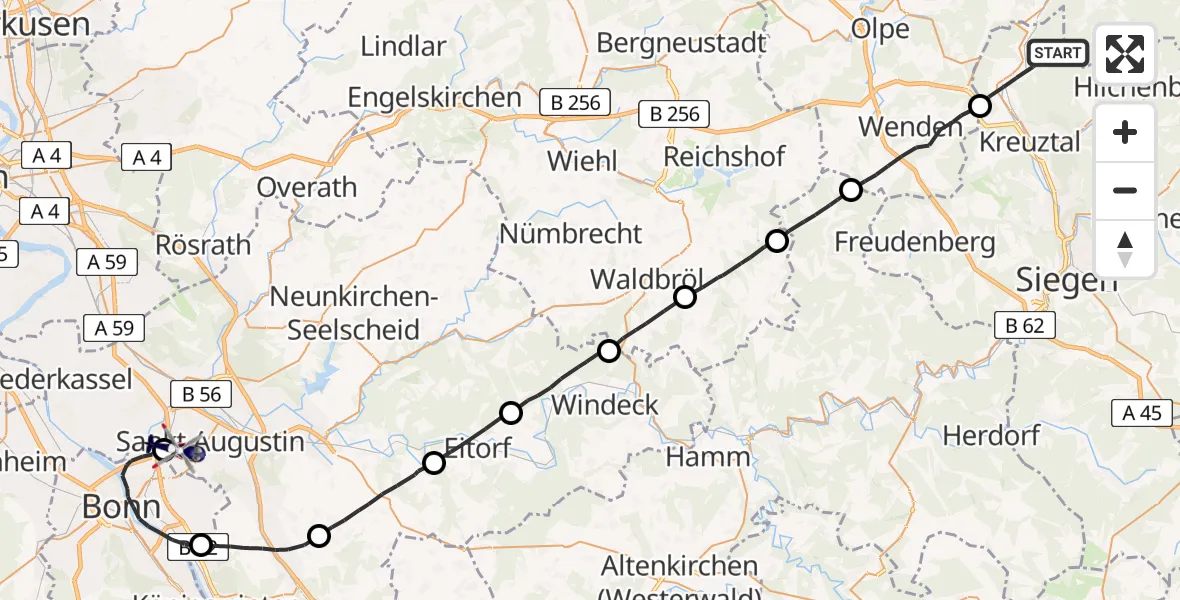 Flugroute Polizeihubschrauber Kreuztal - Sankt Augustin, 23 Juli 2026, 10:50