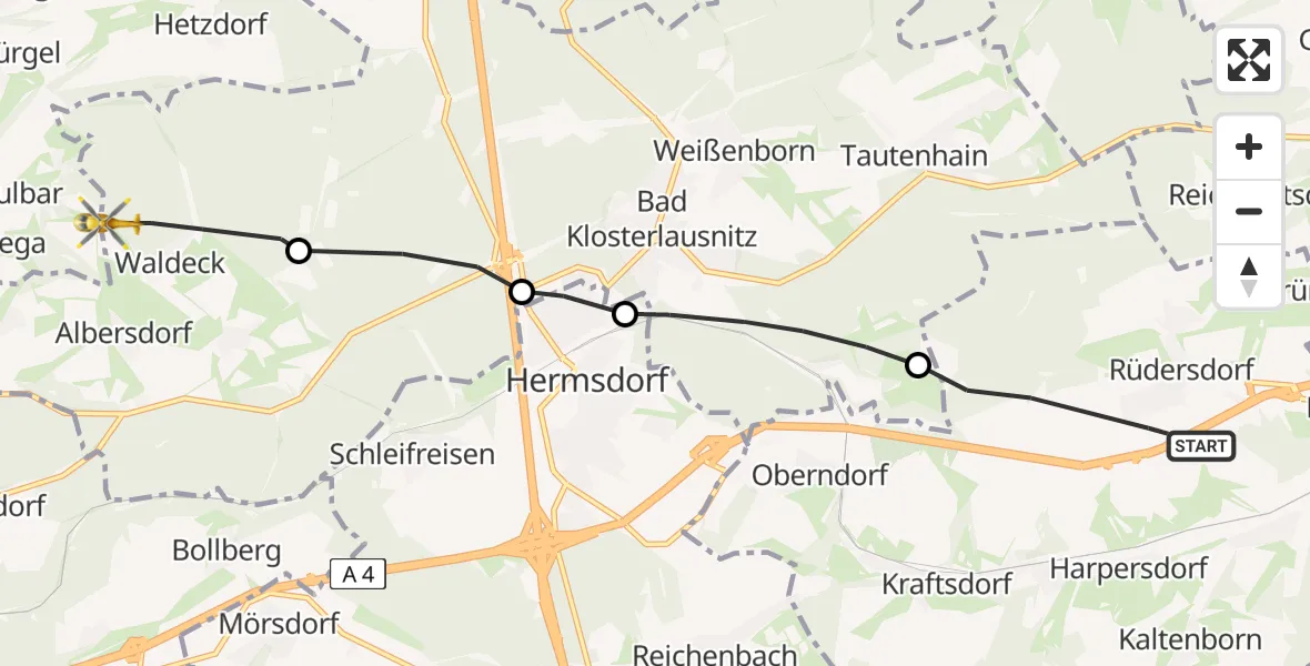 Flugroute Rettungshubschrauber Kraftsdorf - Waldeck, 23 Juli 2026, 10:50