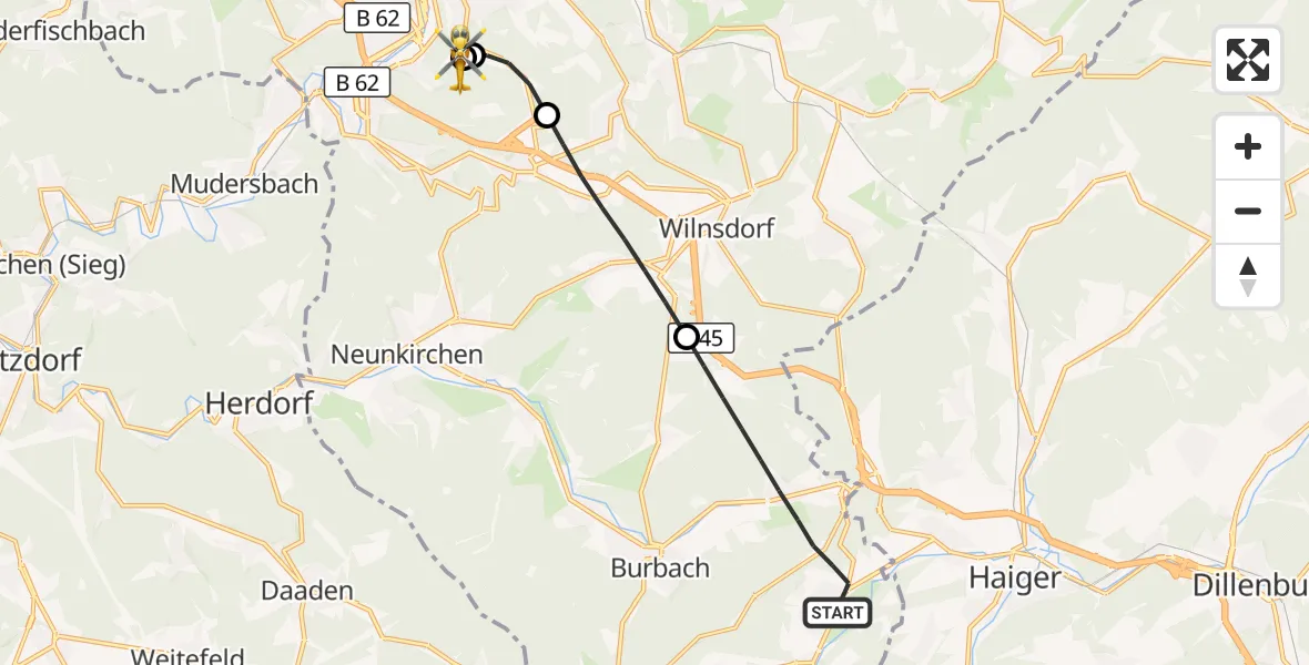 Flugroute Rettungshubschrauber Burbach - Evangelisches Jung-Stilling Hospital, 23 Juli 2026, 10:51