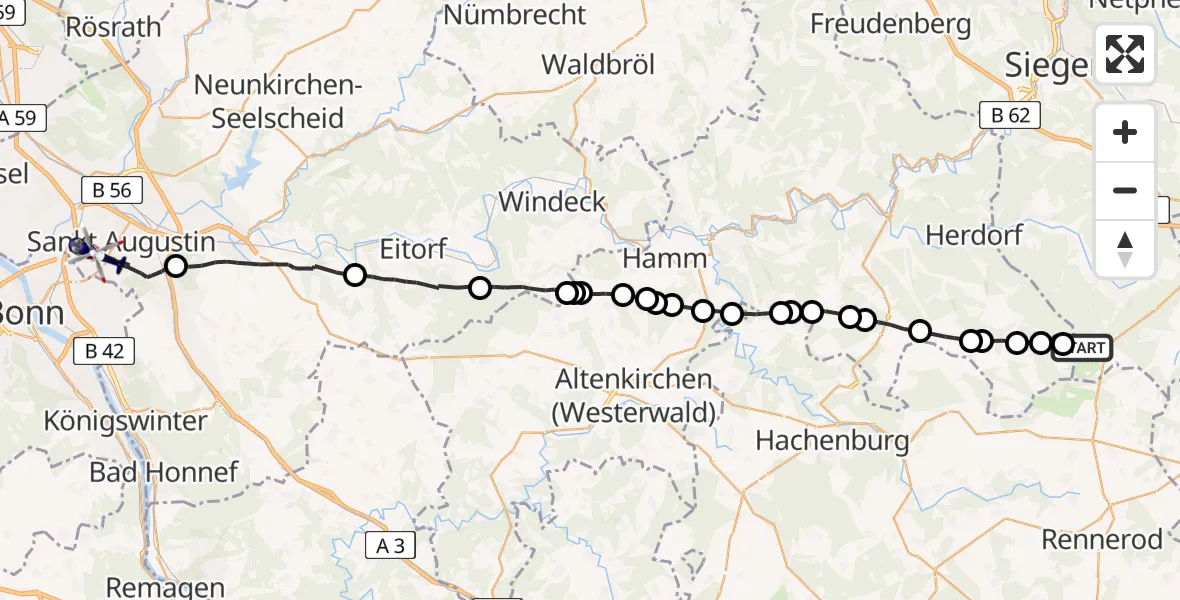 Flugroute Polizeihubschrauber Burbach - Bonn-Hangelar Flugplatz, 23 Juli 2026, 10:51