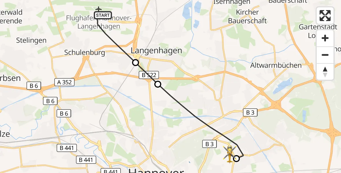Flugroute Rettungshubschrauber Flughafen Hannover - Hannover Luftrettung Hubschrauberlandeplatz (Christoph 4), 23 Juli 2026, 10:55