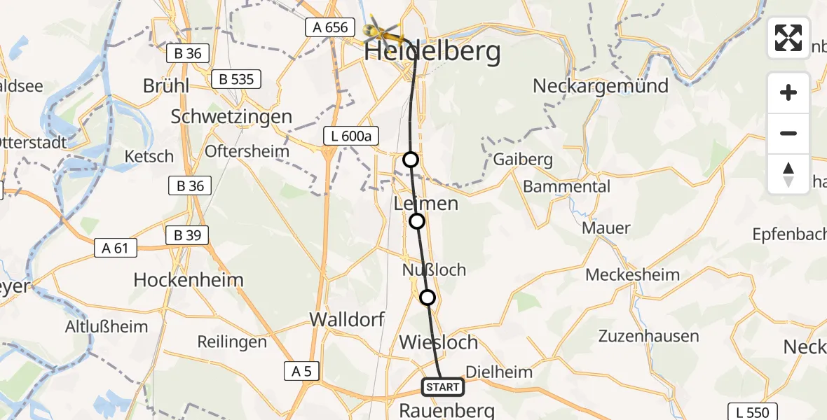 Flugroute Rettungshubschrauber Wiesloch - Heidelberg, 23 Juli 2026, 10:58