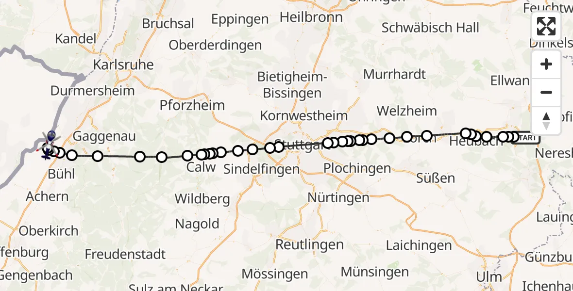 Flugroute Polizeihubschrauber Aalen - Karlsruhe Baden-Baden Flughafen, 23 Juli 2026, 11:02