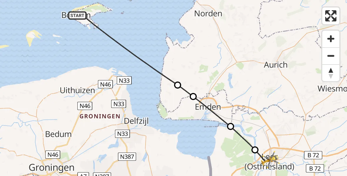 Flugroute Ambulanzhubschrauber Noordzee - Leer (Ostfriesland), 23 Juli 2026, 11:02