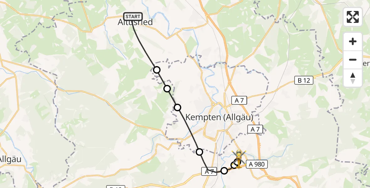 Flugroute Rettungshubschrauber Altusried - Kempten-Durach Flugplatz, 23 Juli 2026, 11:03