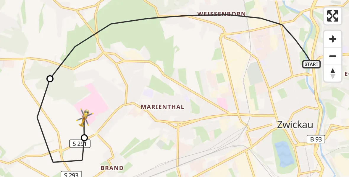 Flugroute Rettungshubschrauber Zwickau - ADAC Air Rescue Station Zwickau Hubschrauberlandeplatz, 23 Juli 2026, 11:13