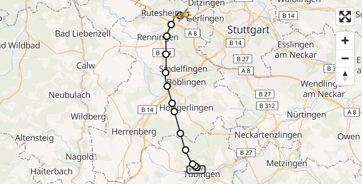 Flugroute Rettungshubschrauber Tübingen University Hospital - Leonberg Hospital, 23 Juli 2026, 11:17