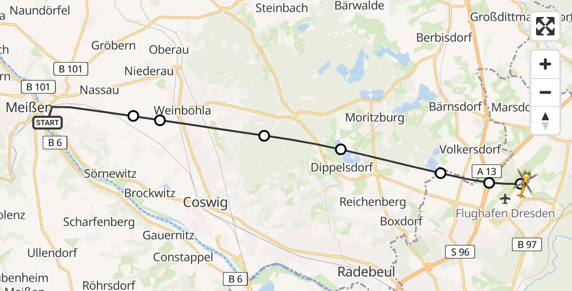 Flugroute Rettungshubschrauber Meißen - Dresden Bundespolizei Hubschrauberlandeplatz, 23 Juli 2026, 11:18