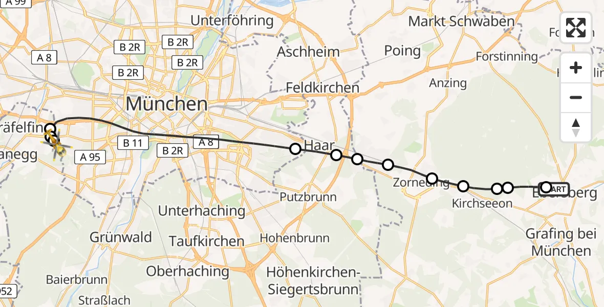 Flugroute Rettungshubschrauber Ebersberg Hubschrauberlandeplatz - DRF Air Rescue München Hubschrauberlandeplatz, 23 Juli 2026, 11:19