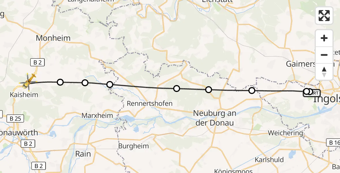 Flugroute Rettungshubschrauber Ingolstadt Hospital - Buchdorf, 23 Juli 2026, 11:20