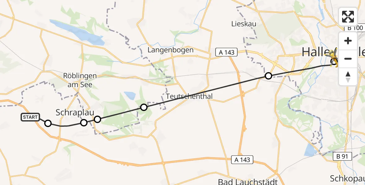 Flugroute Rettungshubschrauber Farnstädt - Sankt Elisabeth and Sankt Barbara Hospital Halle (Saale), 23 Juli 2026, 11:21