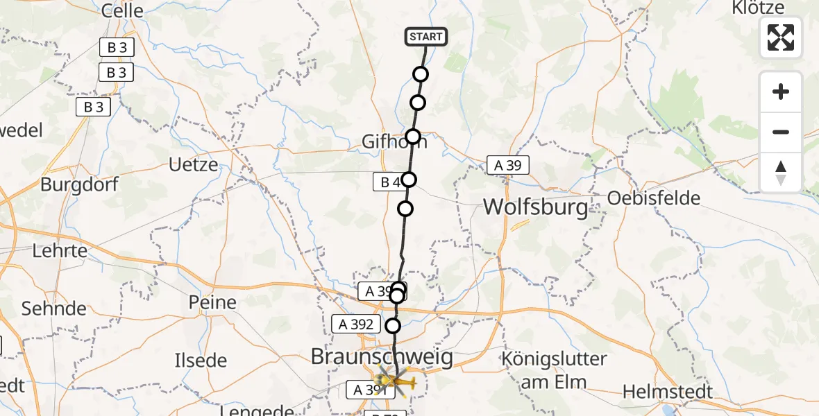 Flugroute Rettungshubschrauber Wahrenholz - Braunschweig, 23 Juli 2026, 11:24