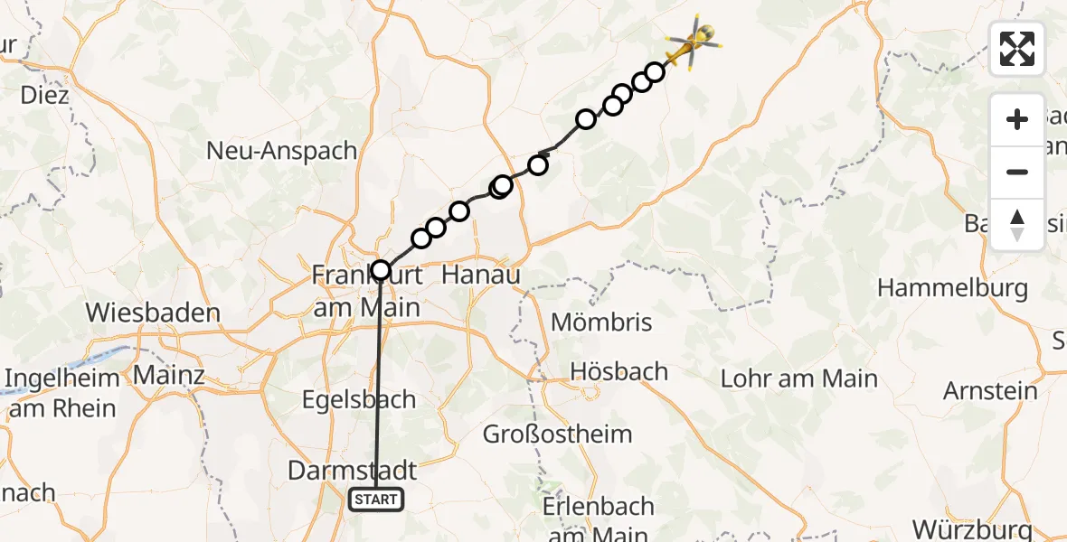 Flugroute Rettungshubschrauber Mühltal - Birstein, 23 Juli 2026, 11:24
