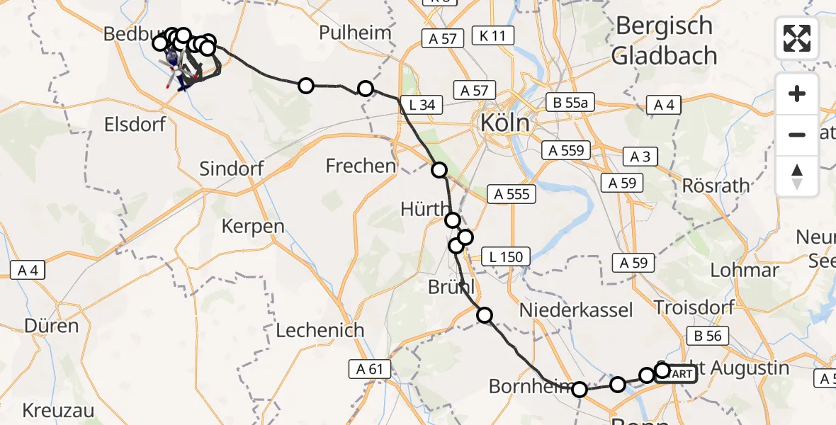 Flugroute Polizeihubschrauber Sankt Augustin - Bergheim, 23 Juli 2026, 11:27