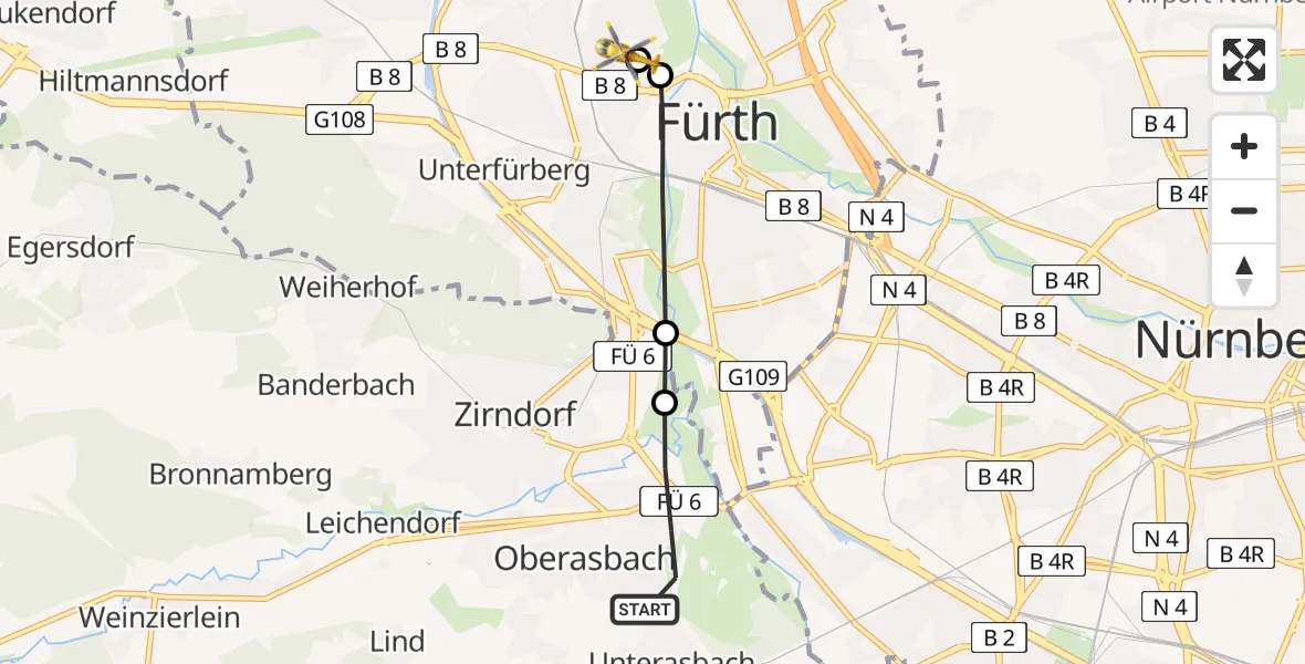 Flugroute Ambulanzhubschrauber Oberasbach - Fürth Hospital, 23 Juli 2026, 11:29