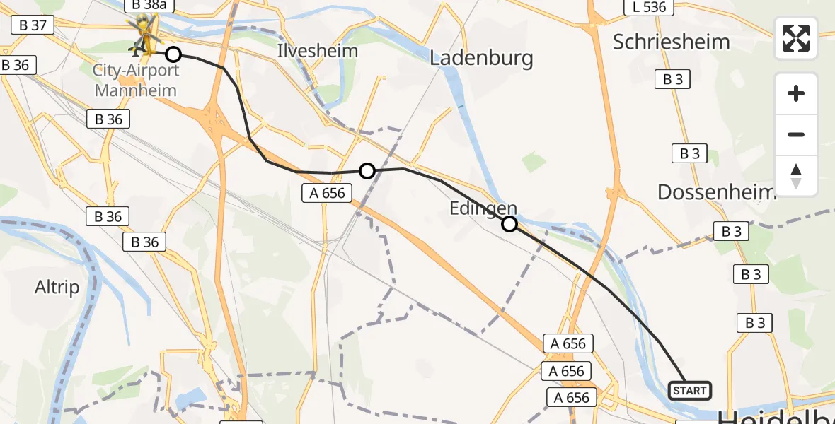 Flugroute Rettungshubschrauber Heidelberg - Mannheim-City Flughafen, 23 Juli 2026, 11:37