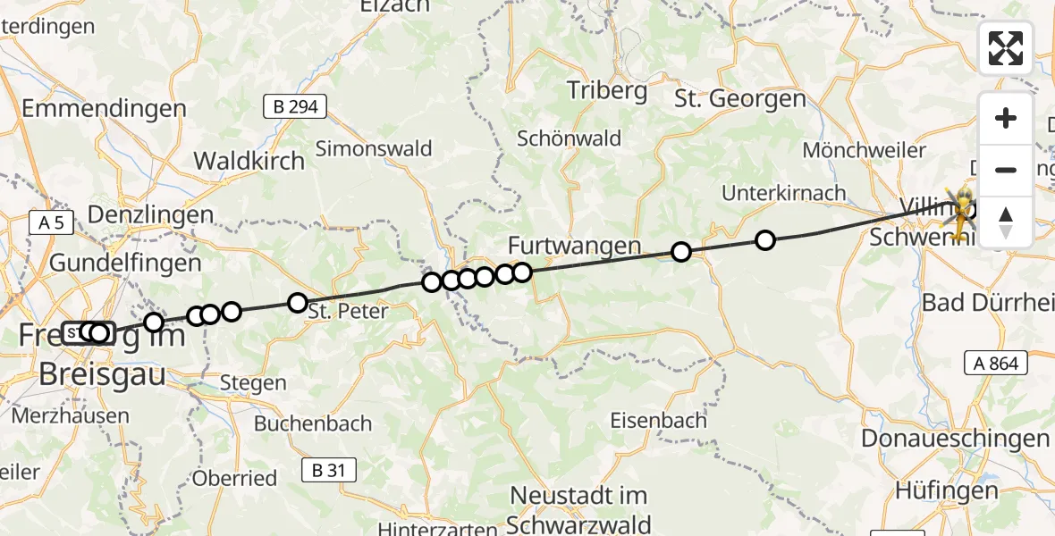 Flugroute Ambulanzhubschrauber Freiburg University Hospital Heliport 1 - DRF Air Rescue Station Villingen-Schwenningen Hubschrauberlandeplatz (Christoph 11), 23 Juli 2026, 11:43