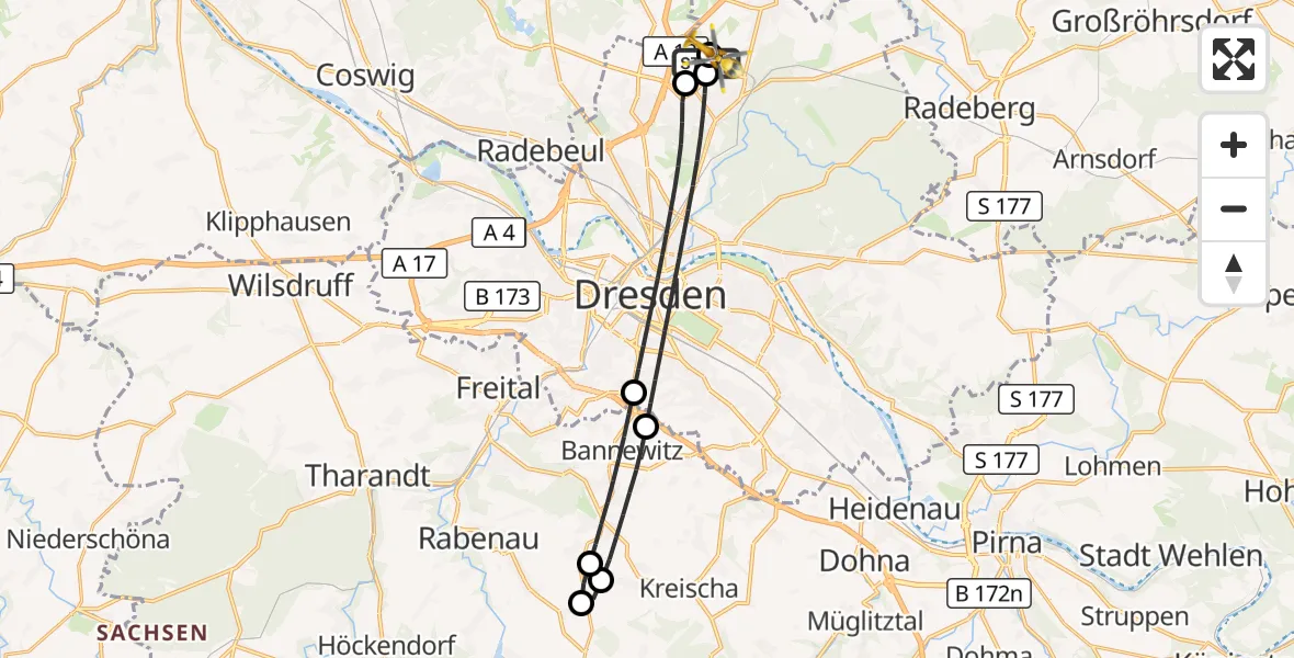 Flugroute Rettungshubschrauber Dresden Flughafen - Dresden Bundespolizei Hubschrauberlandeplatz, 23 Juli 2026, 11:43