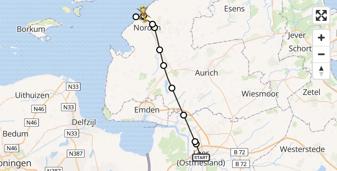 Flugroute Ambulanzhubschrauber Leer (Ostfriesland) - Norden-Norddeich Flughafen, 23 Juli 2026, 11:43