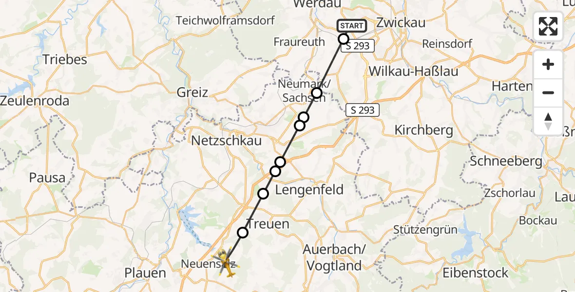 Flugroute Rettungshubschrauber Werdau - Neuensalz, 23 Juli 2026, 11:45