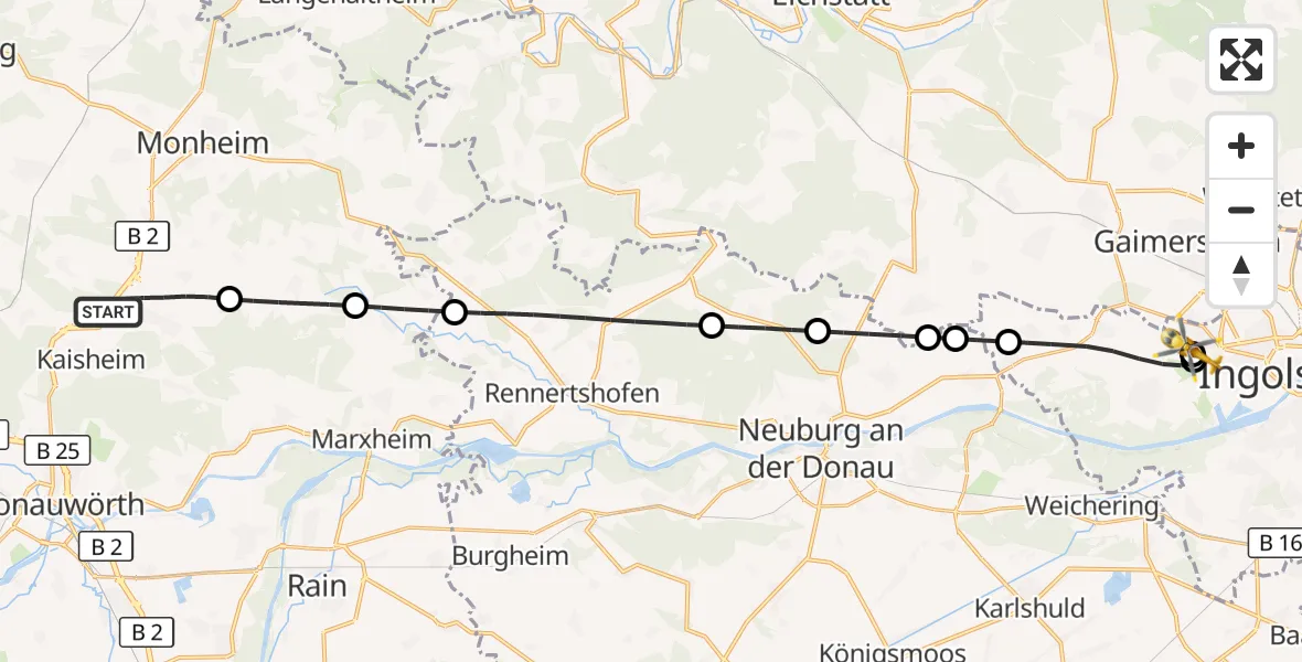 Flugroute Rettungshubschrauber Buchdorf - Ingolstadt Hospital, 23 Juli 2026, 11:50